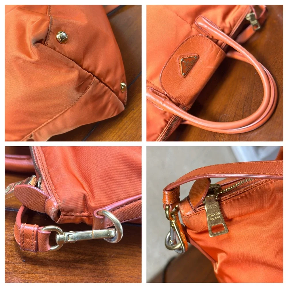 AUTHENTIC Prada Tessuto Nylon Saffiano Tote. Color: Papaya. - Picture 11 of 15